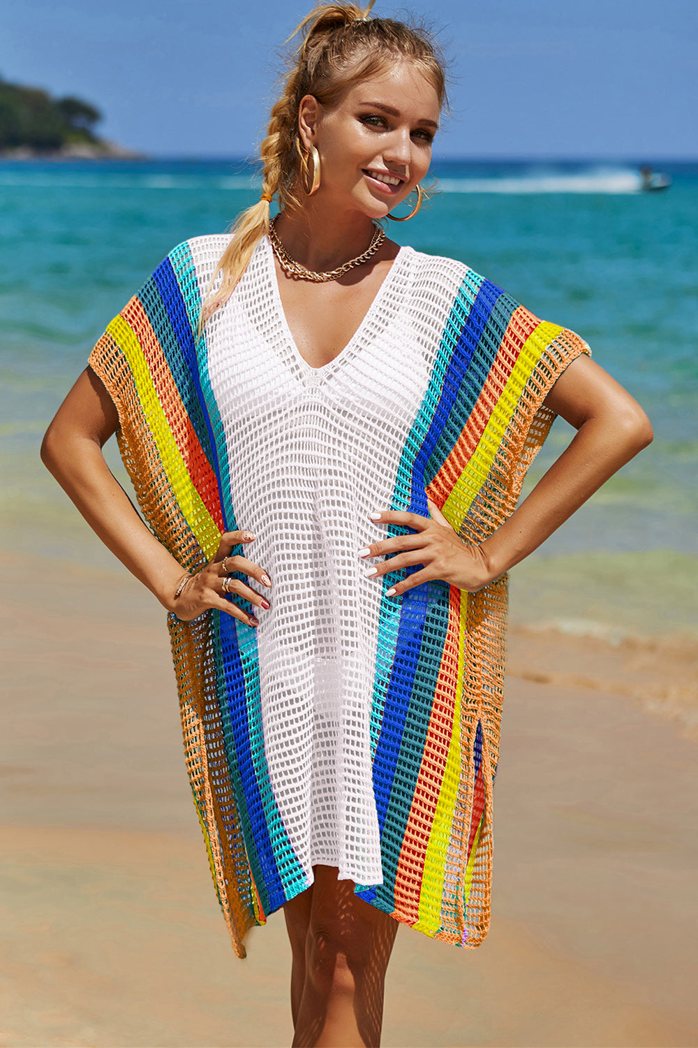 Openwork Striped Slit Knit Cover Up - 1 SIZE FITS ALL - T - 4 COLORS -