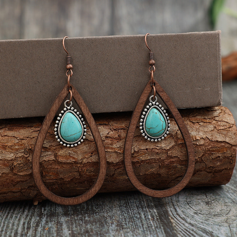 Wooden Turquoise Cutout Teardrop Earrings - T - 1 COLOR -