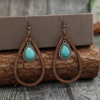 Thumbnail for Wooden Turquoise Cutout Teardrop Earrings - T - 1 COLOR -