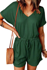 Thumbnail for Full Size Drawstring V-Neck Short Sleeve Romper - T - 7 COLORS -