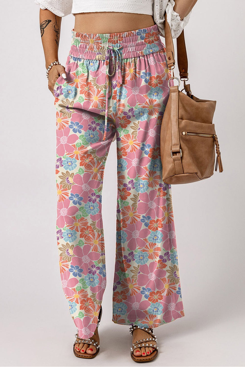 Drawstring Printed Wide Leg Pants - T - 1 COLOR -