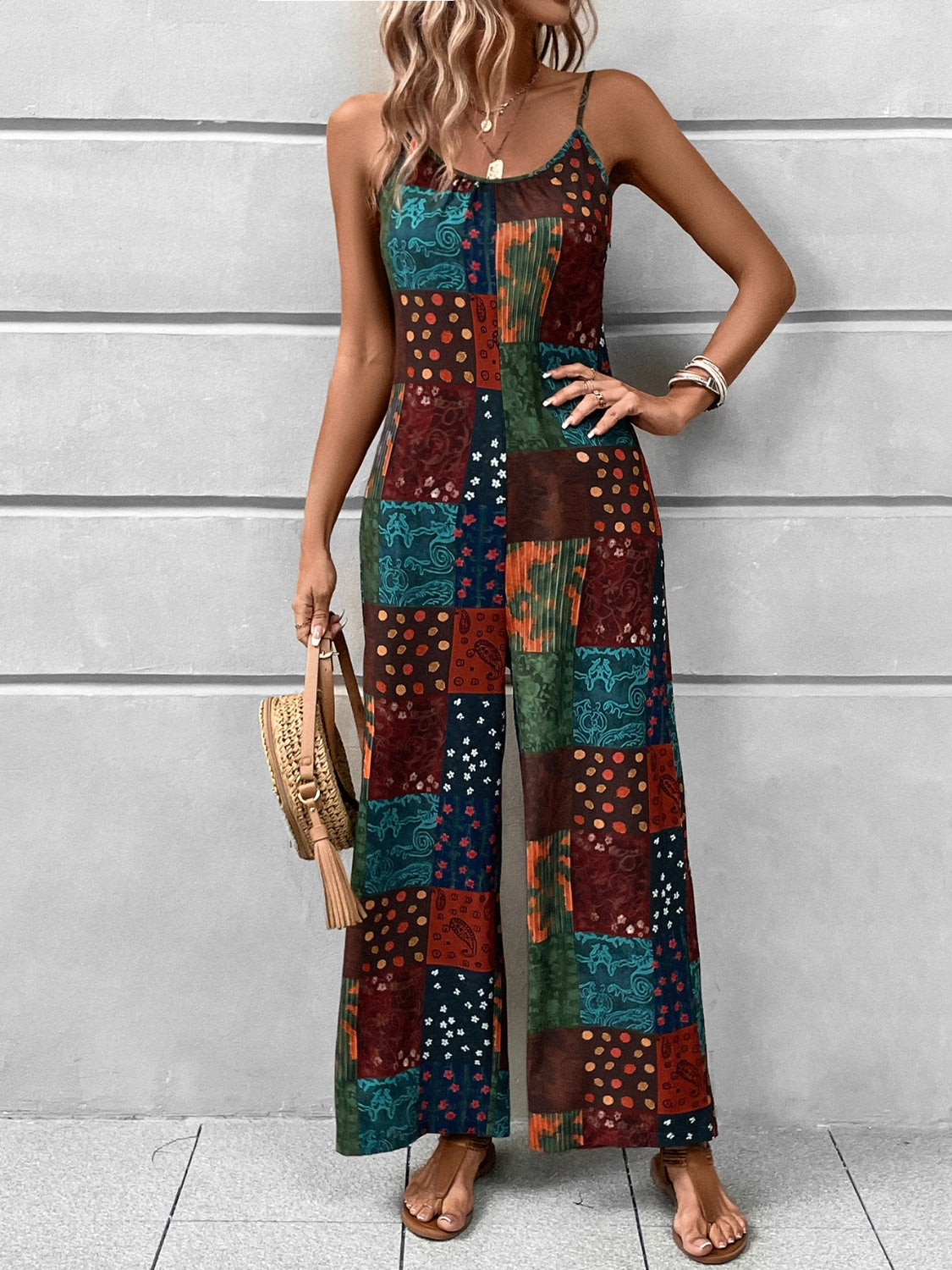 Printed Scoop Neck Spaghetti Strap Jumpsuit - T - 1 MULTICOLOR -