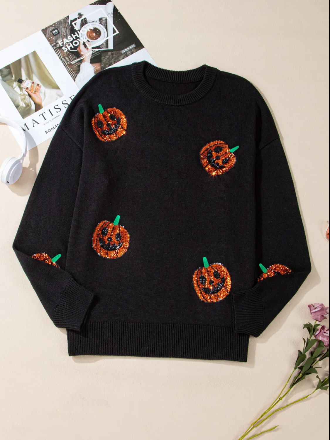 Plus Size Sequin Pumpkin Round Neck Sweater - XL THRU 4XL ONLY - T - 1 COLOR -