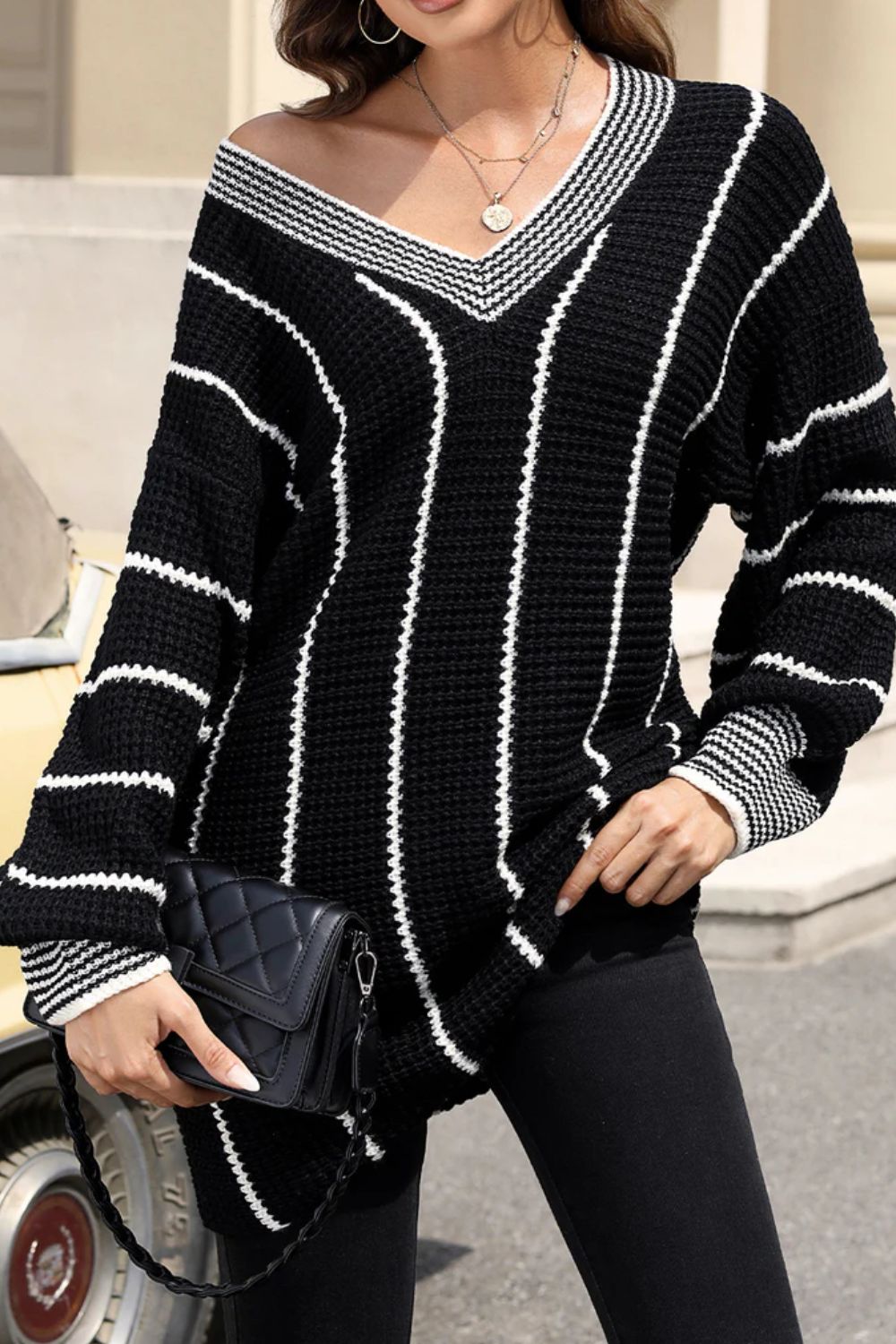 Striped V-Neck Long Sleeve Sweater - T - 1 COLOR -