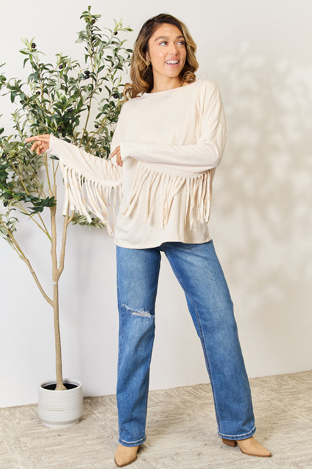 Celeste Full Size Fringe Detail Long Sleeve Blouse - SIZES S THRU 3 XL - T - 1 COLOR -