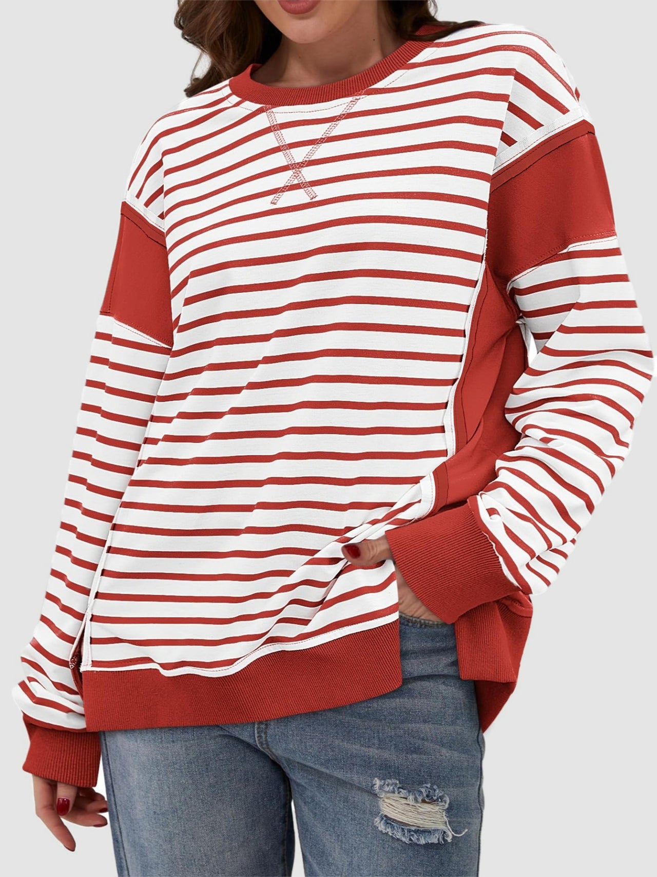 Slit Exposed Seam Striped Long Sleeve Sweatshirt - T - 8 COLORS -