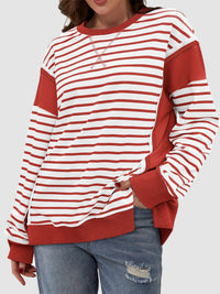 Thumbnail for Slit Exposed Seam Striped Long Sleeve Sweatshirt - T - 8 COLORS -