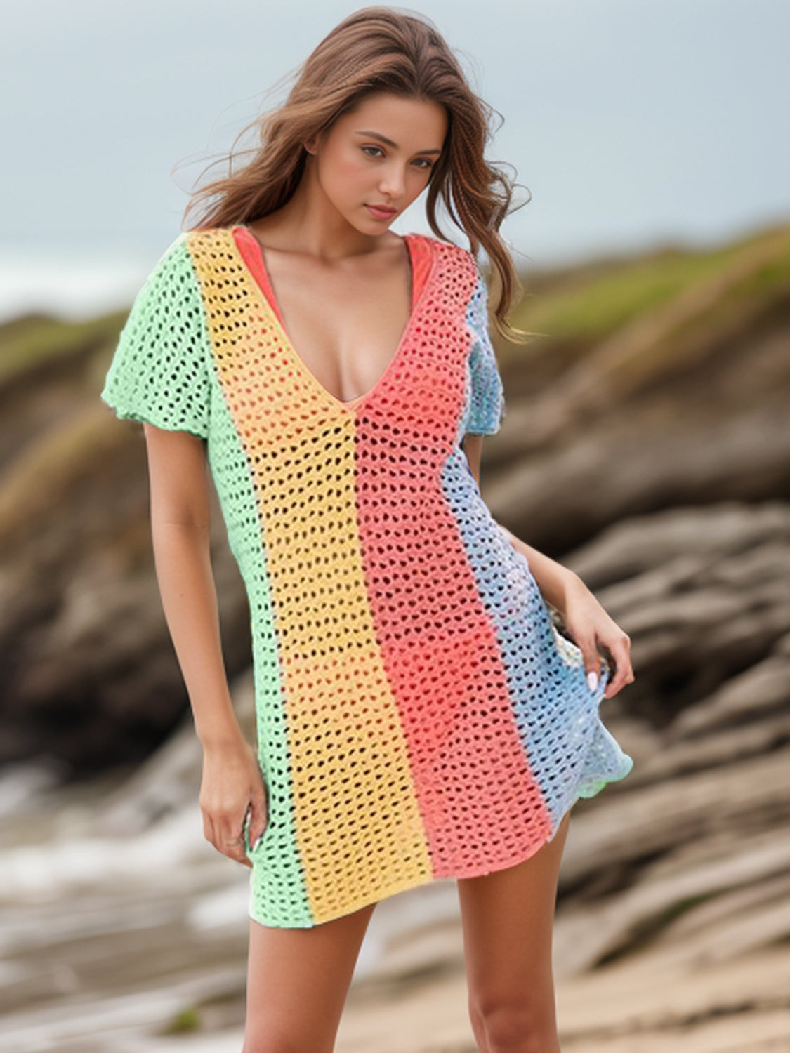 Openwork Color Block V-Neck Short Sleeve Cover-Up - T - 2 COLORS -