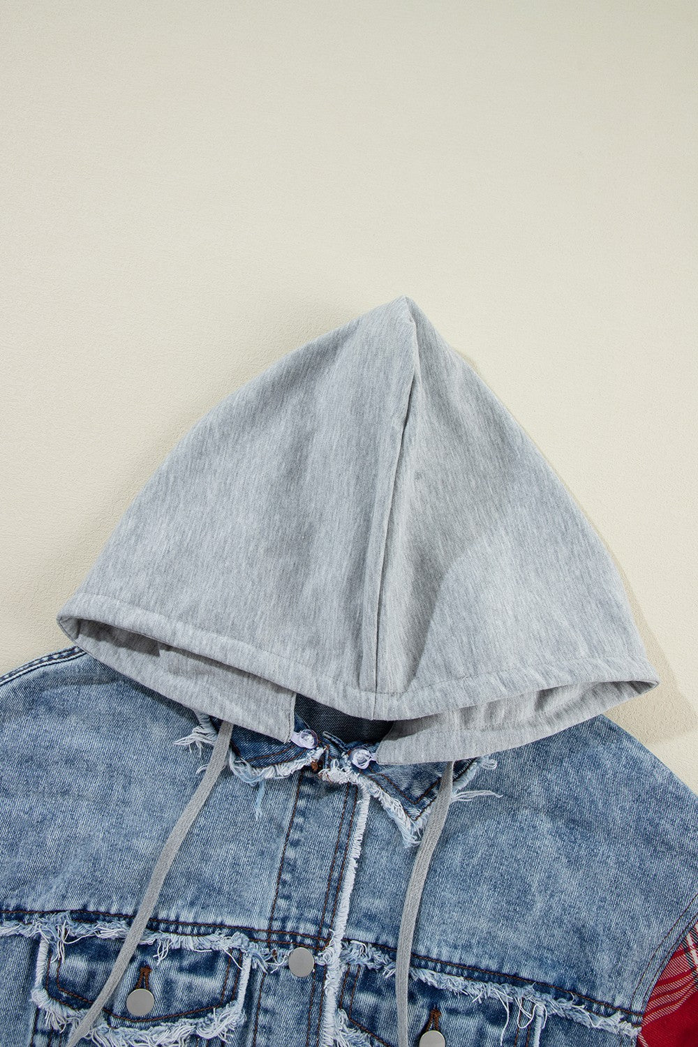 Raw Hem Drawstring Plaid Denim Jacket - T - 1 COLOR -