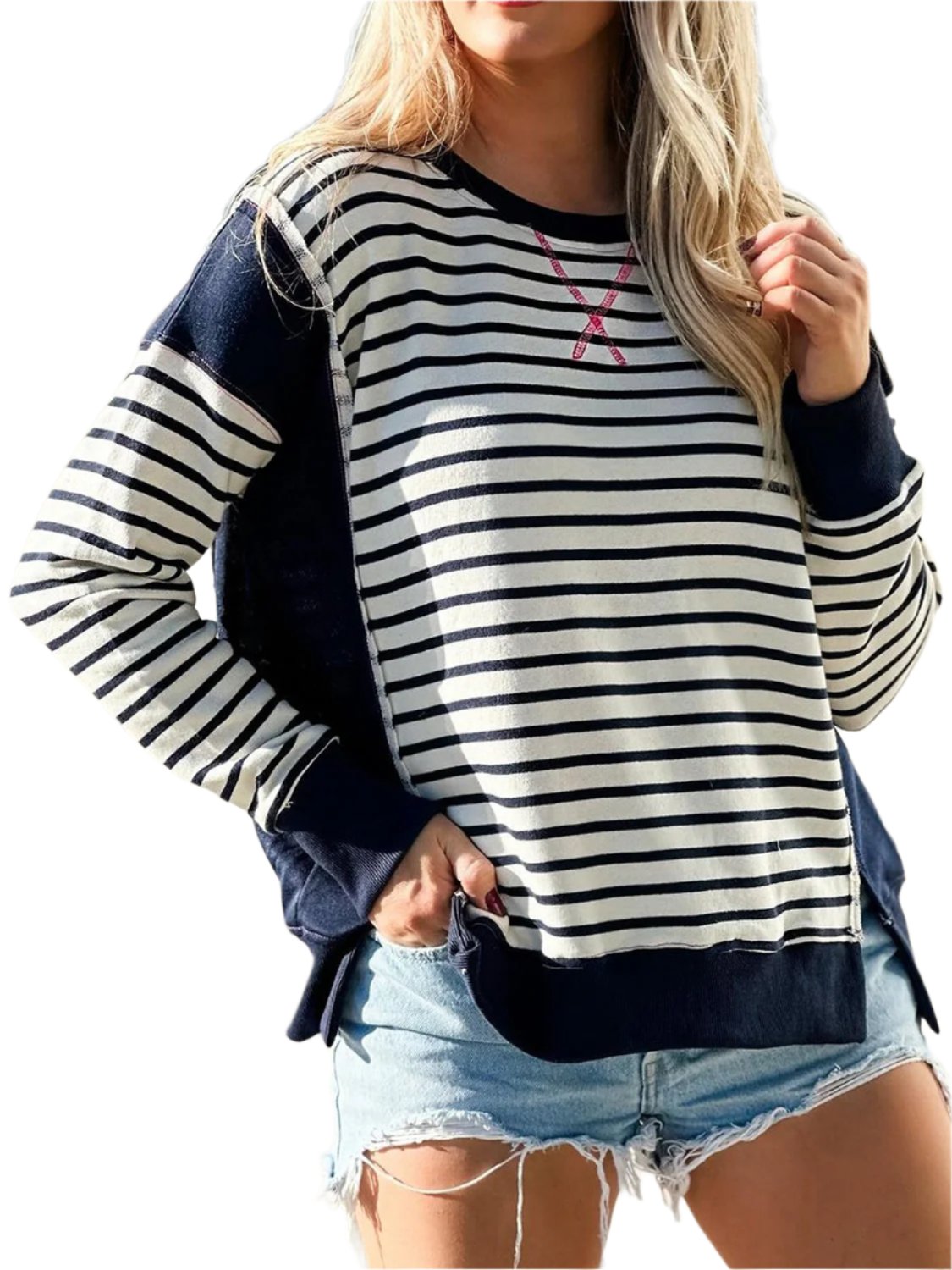 Slit Exposed Seam Striped Long Sleeve Sweatshirt - T - 8 COLORS -