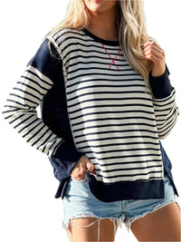 Thumbnail for Slit Exposed Seam Striped Long Sleeve Sweatshirt - T - 8 COLORS -