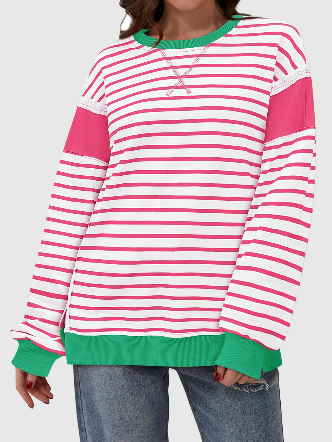 Slit Exposed Seam Striped Long Sleeve Sweatshirt - T - 8 COLORS -