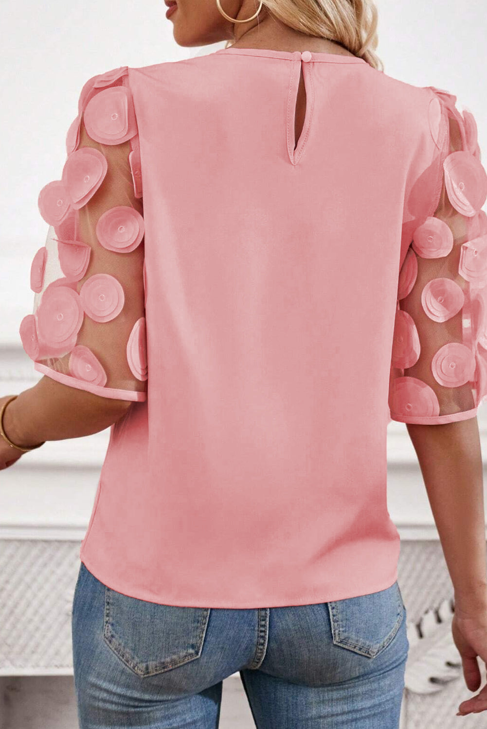 Applique Round Neck Half Sleeve Blouse - M, L, XL ONLY - T - 2 COLORS -