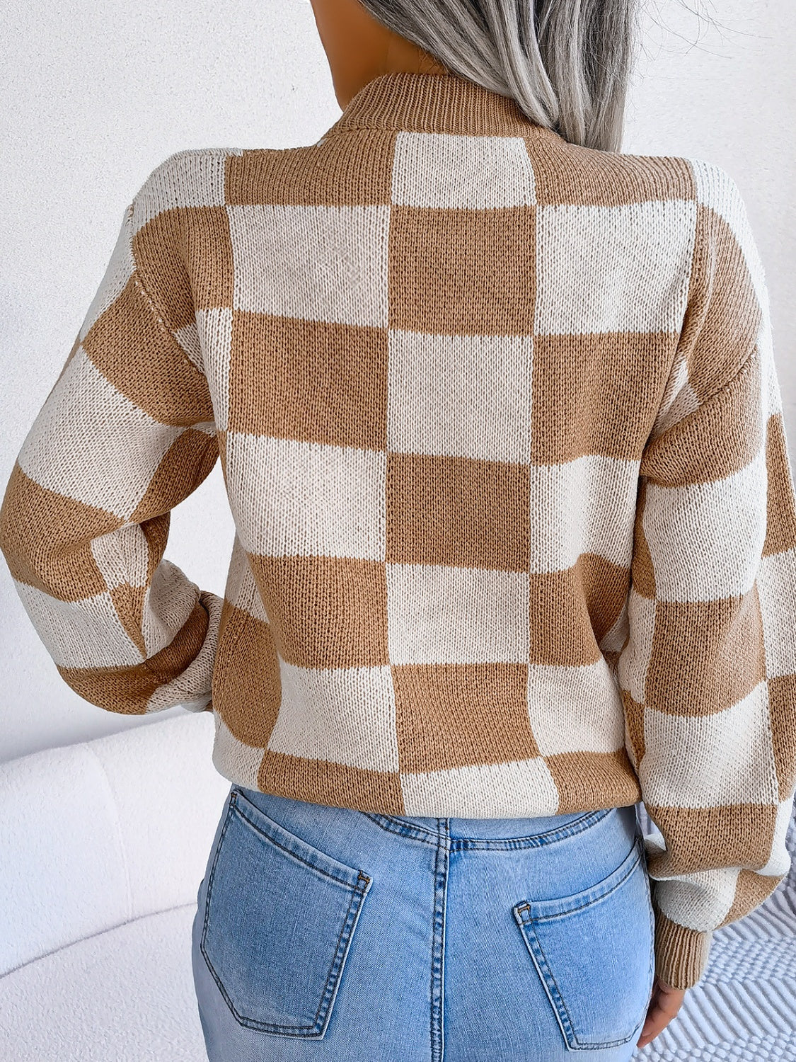 Checkered Mock Neck Long Sleeve Sweater - T - 4 COLORS -