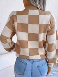 Thumbnail for Checkered Mock Neck Long Sleeve Sweater - T - 4 COLORS -