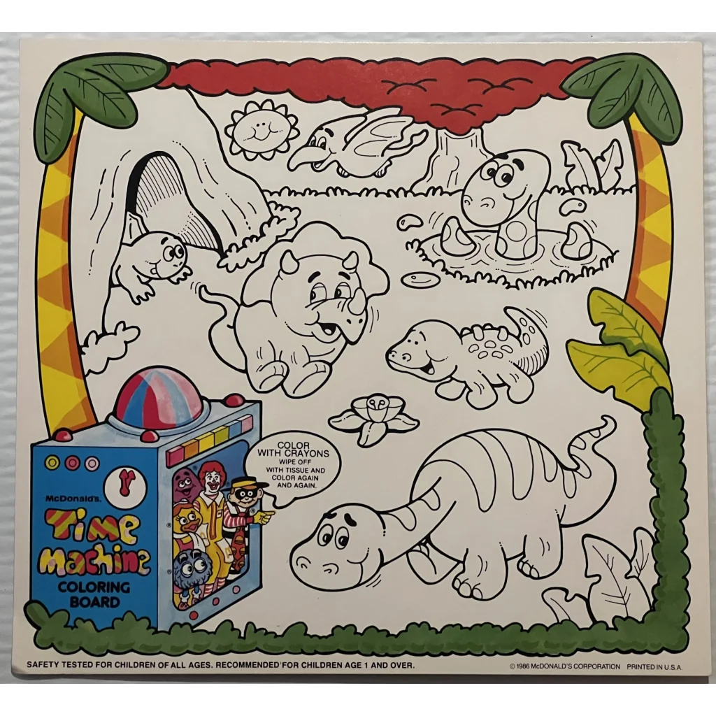 Vintage 1980s McDonald's Time Machine Dinosaur, Dino Wipe Away Coloring Board