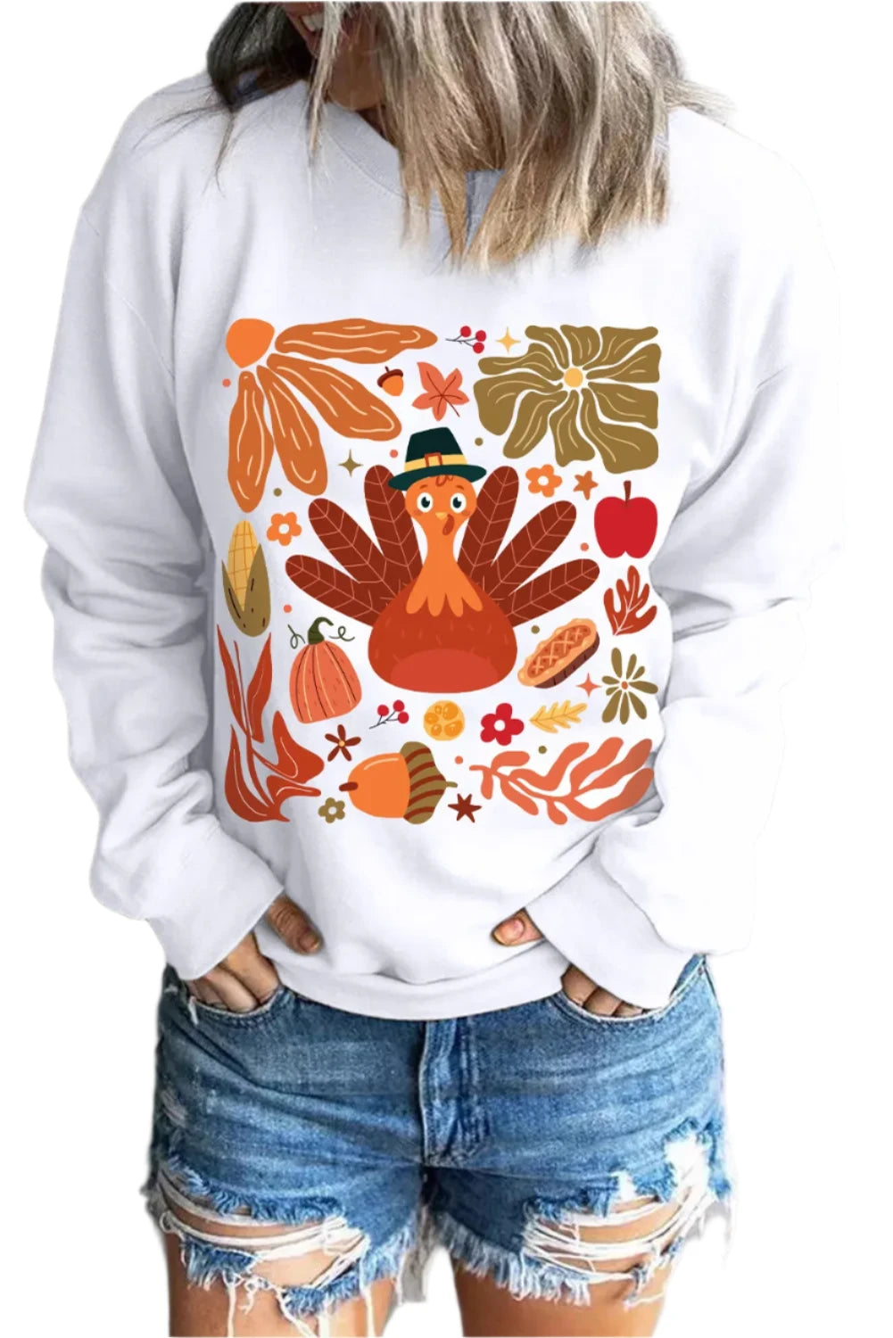 Graphic Round Neck Long Sleeve Sweatshirt - T - 1 COLOR -