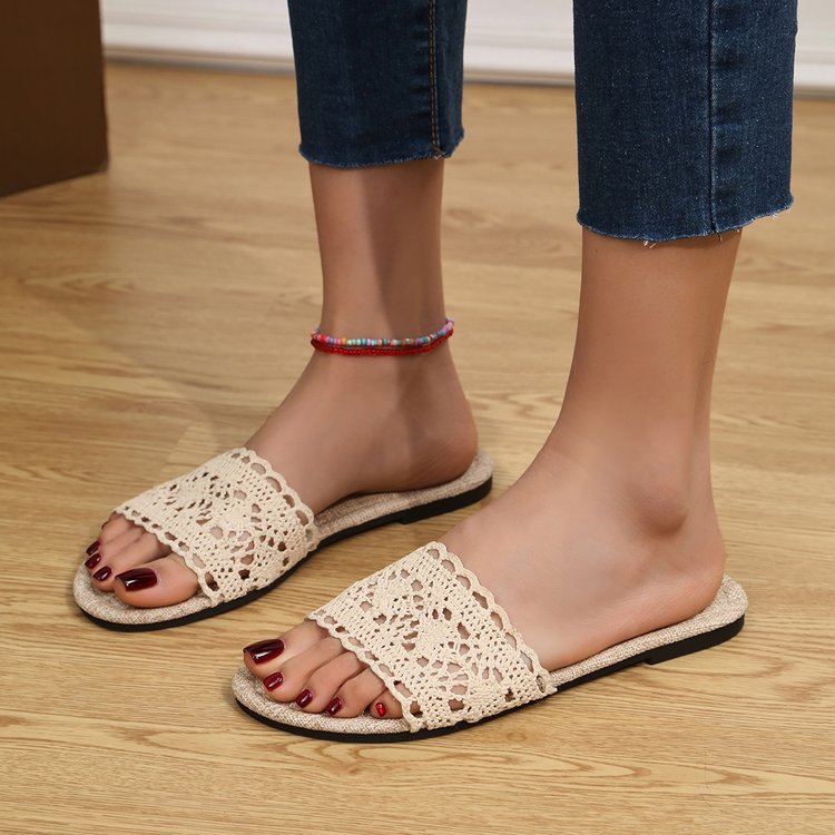 Lace Open Toe Flat Sandals - T - 2 COLORS -