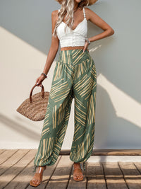 Thumbnail for Smocked Slit Printed High Waist Pants - T - 1 COLOR -