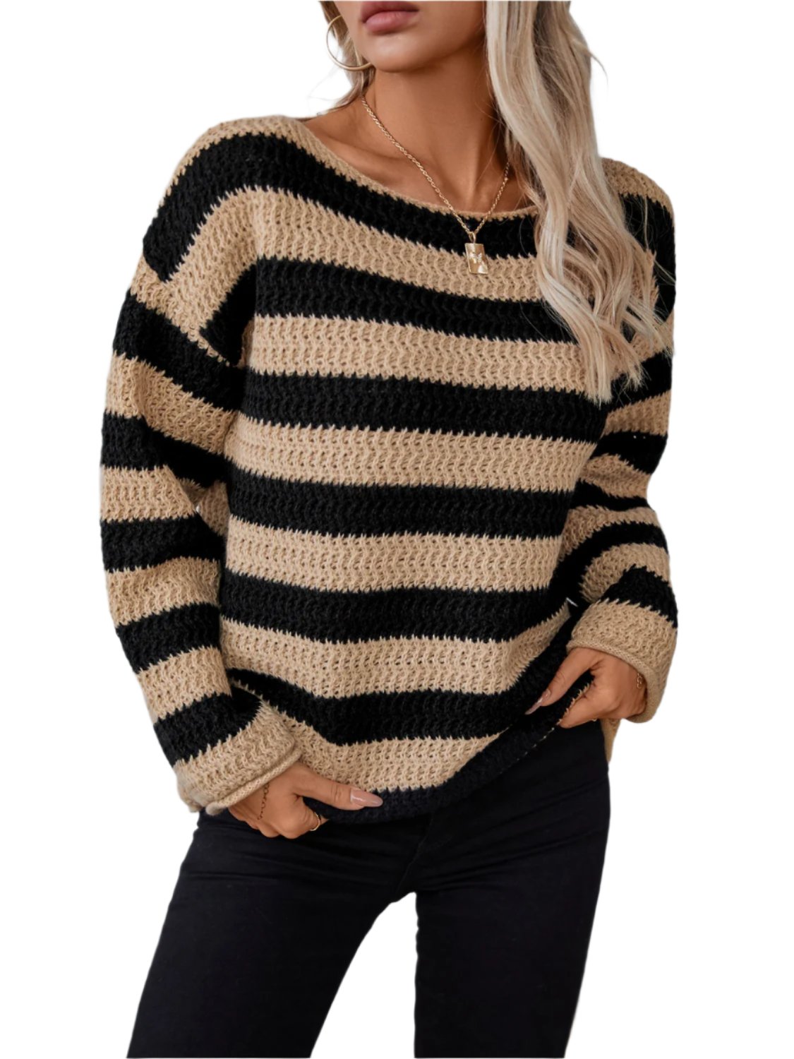 Striped Dropped Shoulder Long Sleeve Sweater - T - 2 COLORS -