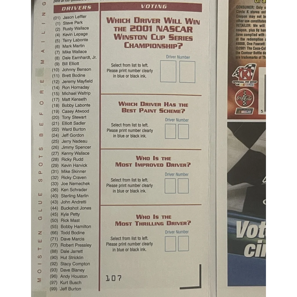 Vintage 2001 🏆 NASCAR Winston Cup Ballot, Year Tragic Loss Dale Earnhardt RIP!