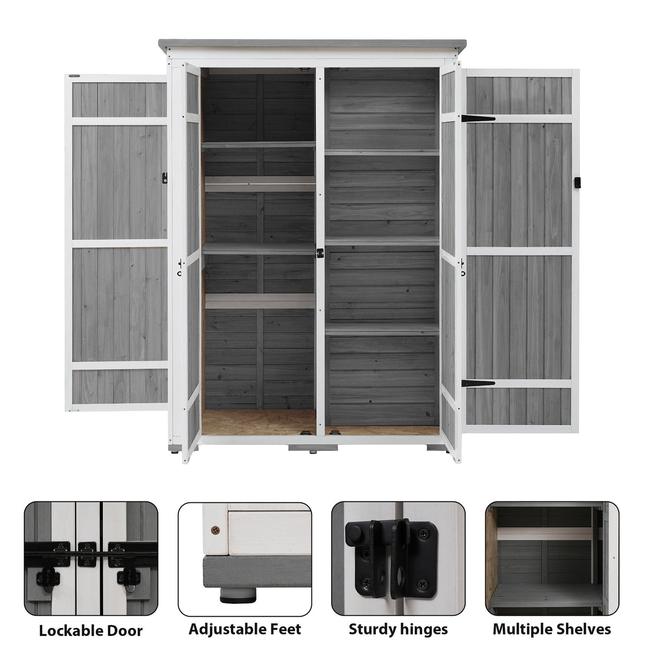 Outdoor 5.5ft Hx4.1ft L Wood Storage Shed, Garden Tool Cabinet With Waterproof Asphalt Roof, Four Lockable Doors, Multip