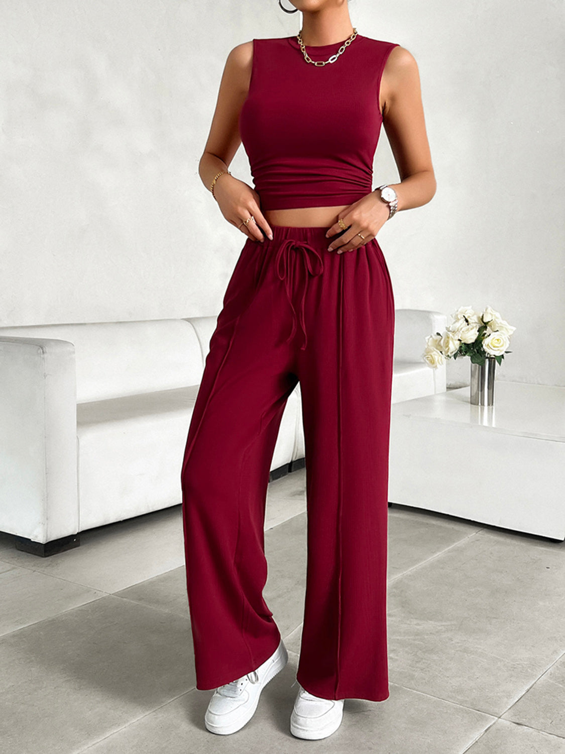 Mock Neck Sleeveless Top and Drawstring Pants Set - 2 PCS. - T - 5 COLORS -