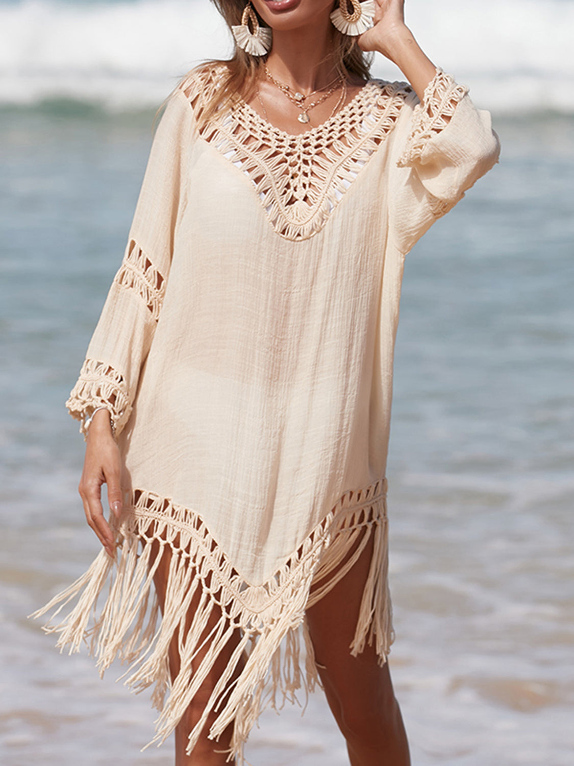 Cutout Fringe Scoop Neck Cover-Up - 1 SIZE FITS ALL - T - 5 COLORS -