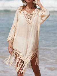 Thumbnail for Cutout Fringe Scoop Neck Cover-Up - 1 SIZE FITS ALL - T - 5 COLORS -