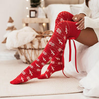 Thumbnail for Christmas Element Bowknot Ribbed Trim Over Knee Stockings