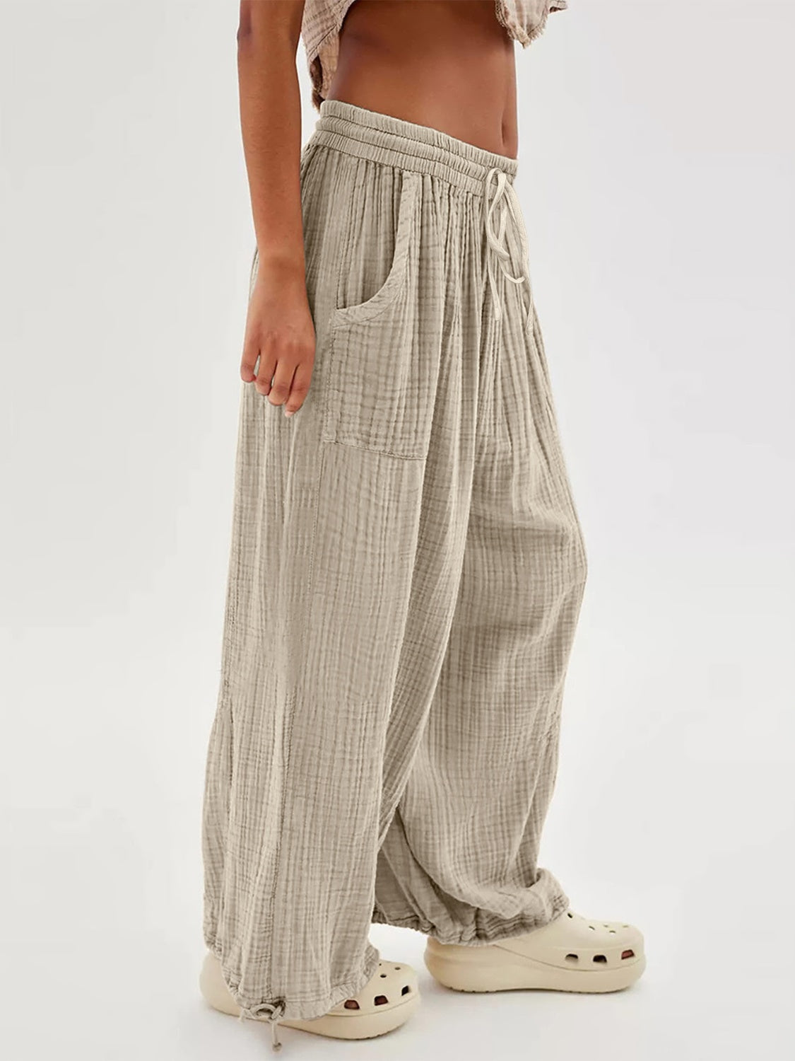 Textured Lounging Tie Pants with Pockets - T - 1 COLOR -