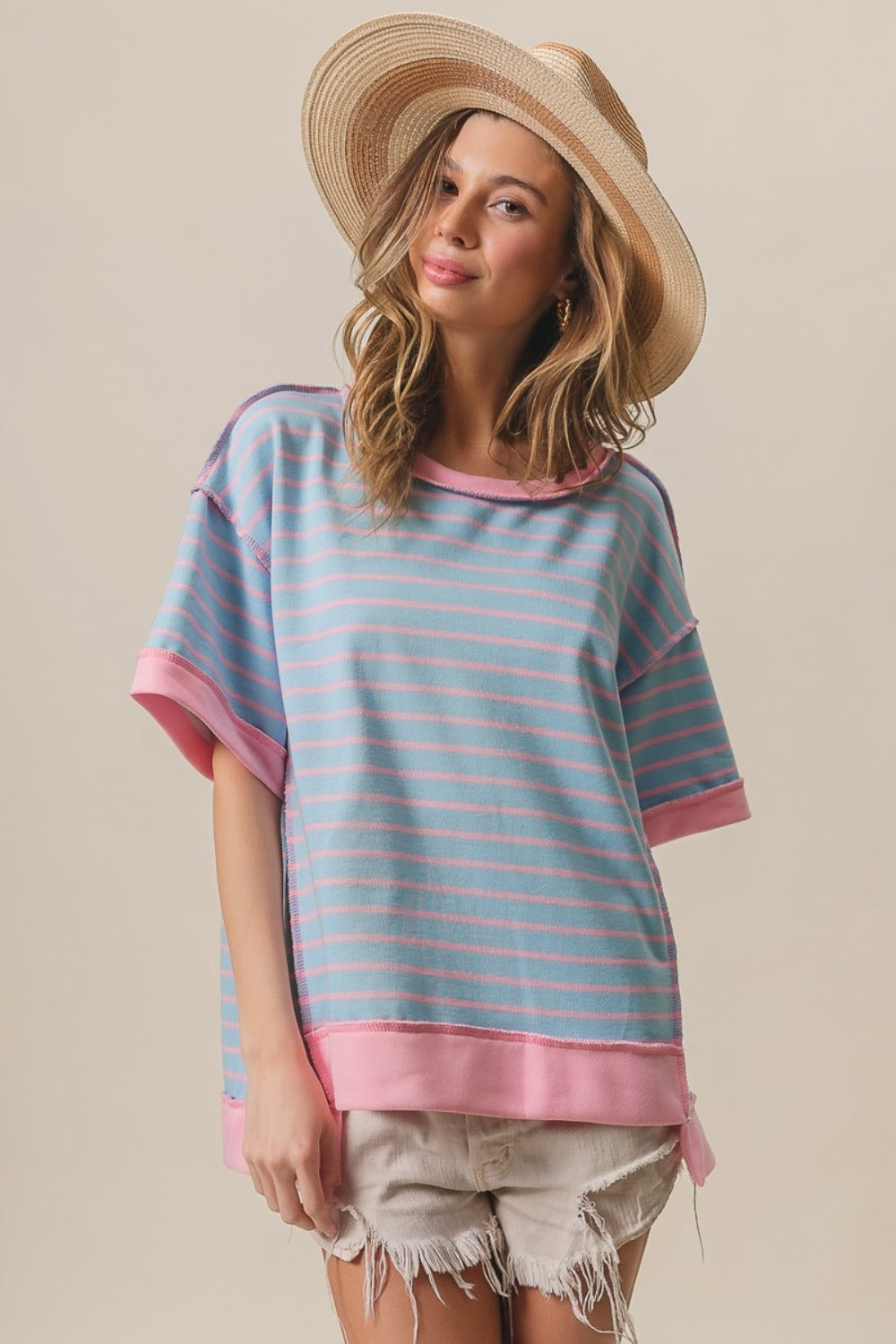 BiBi Exposed Seam Stripe Contrast T-Shirt - T - 1 COLOR -