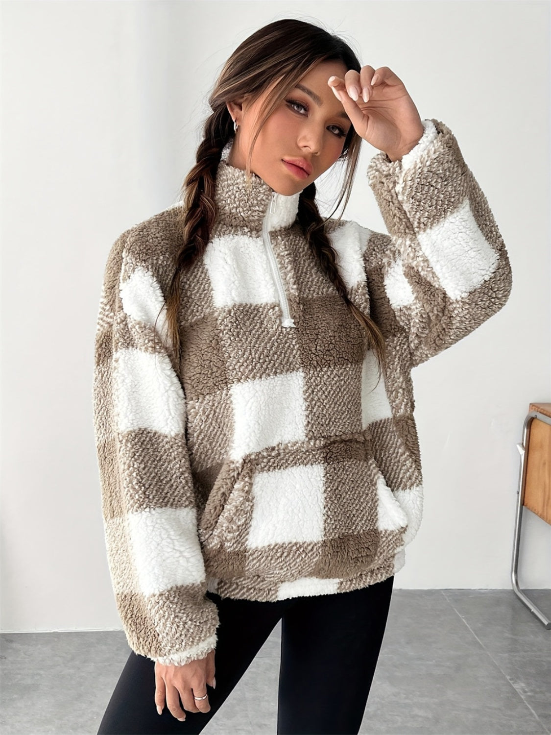 Plaid Half Zip Long Sleeve Teddy Sweatshirt - T - 1 COLOR -