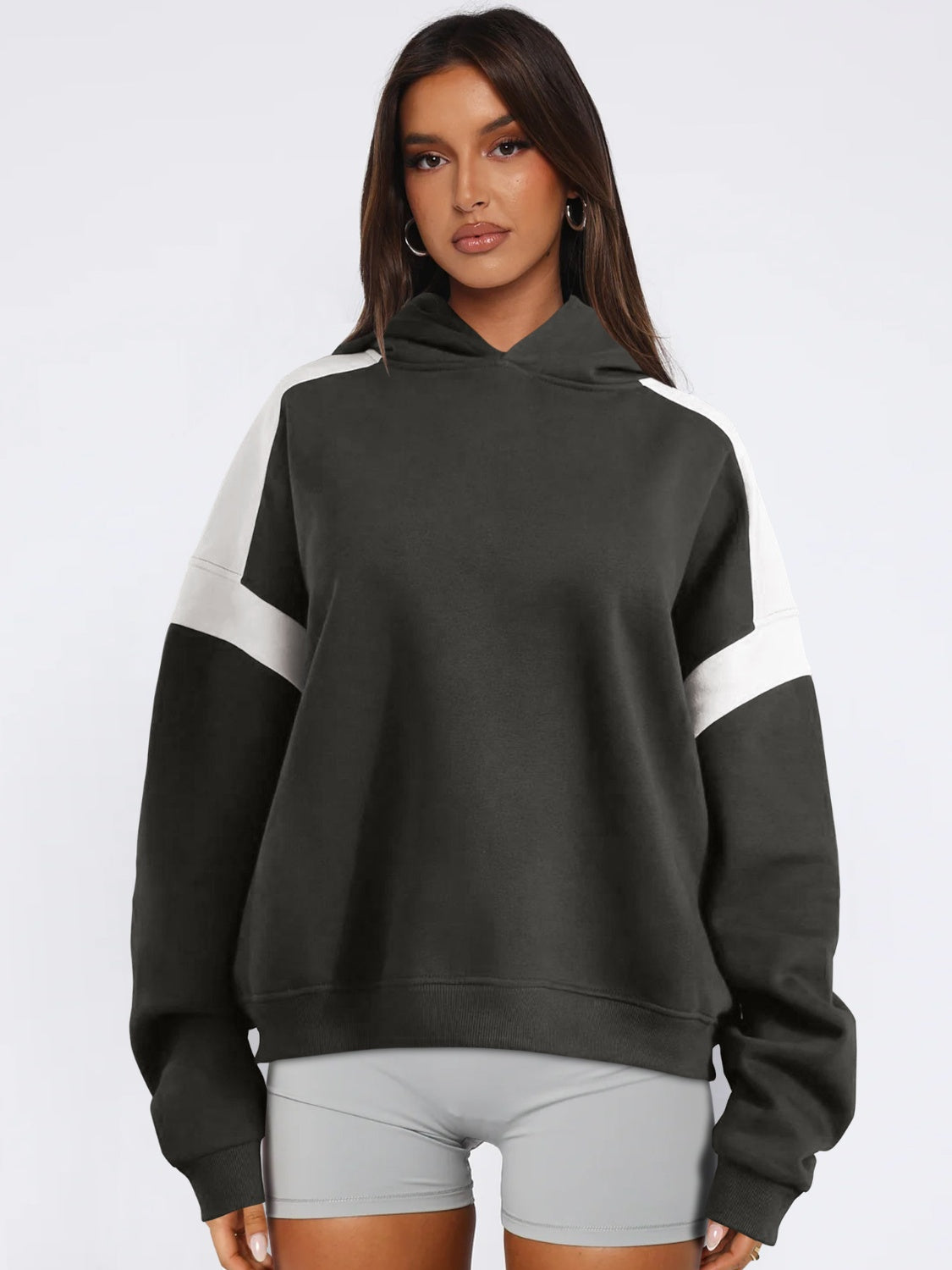 Contrast Dropped Shoulder Long Sleeve Hoodie - T - 6 COLORS -