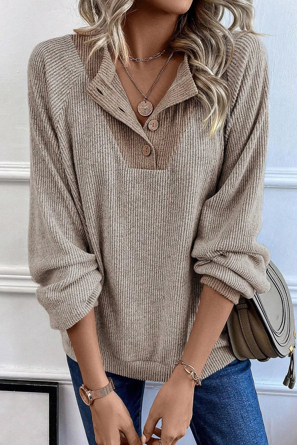 Quarter Buttoned Long Sleeve Blouse - T - 1 COLOR -