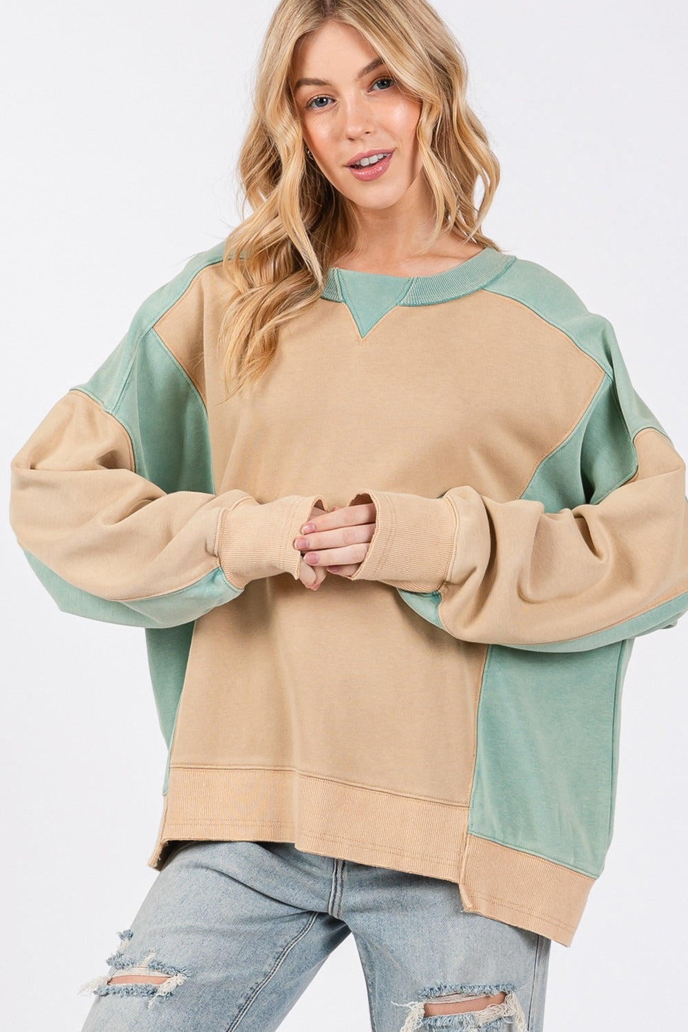 SAGE + FIG Color Block Round Neck Sweatshirt - T - 1 COLOR -