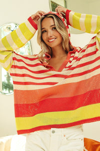 Thumbnail for BiBi Striped Color Block Hooded Knit Top - Beach or Everyday - T - 1 COLOR -