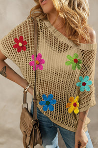 Thumbnail for Flower Round Neck Half Sleeve Knit Cover Up - Beach or Everyday - T - 3 COLORS -