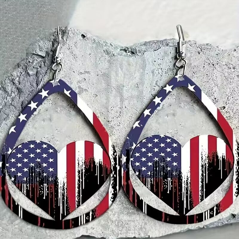 US Flag Pattern Wooden Earrings - T -