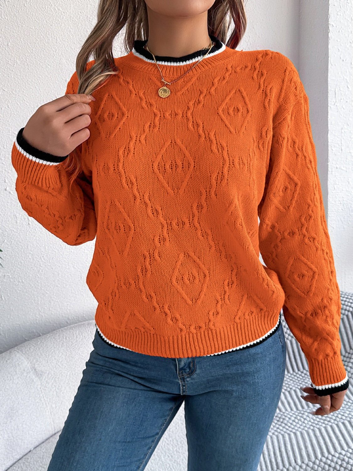 Contrast Trim Round Neck Long Sleeve Sweater - T - 3 COLORS -