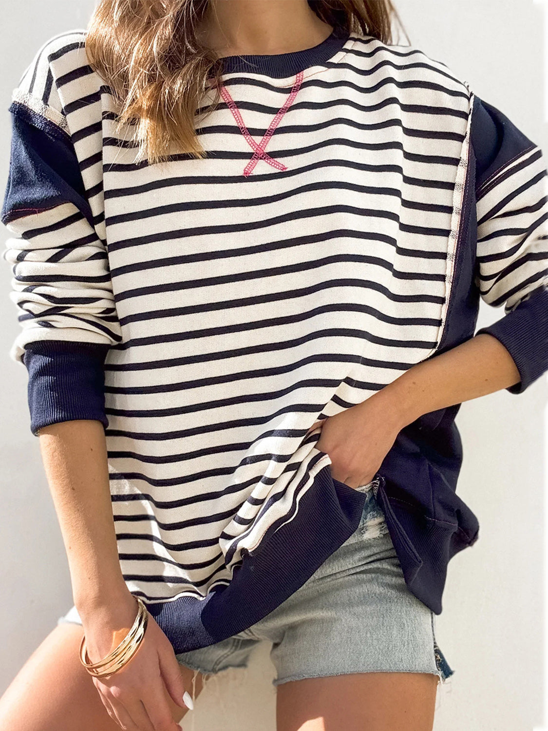 Slit Exposed Seam Striped Long Sleeve Sweatshirt - T - 8 COLORS -