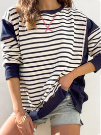 Thumbnail for Slit Exposed Seam Striped Long Sleeve Sweatshirt - T - 8 COLORS -