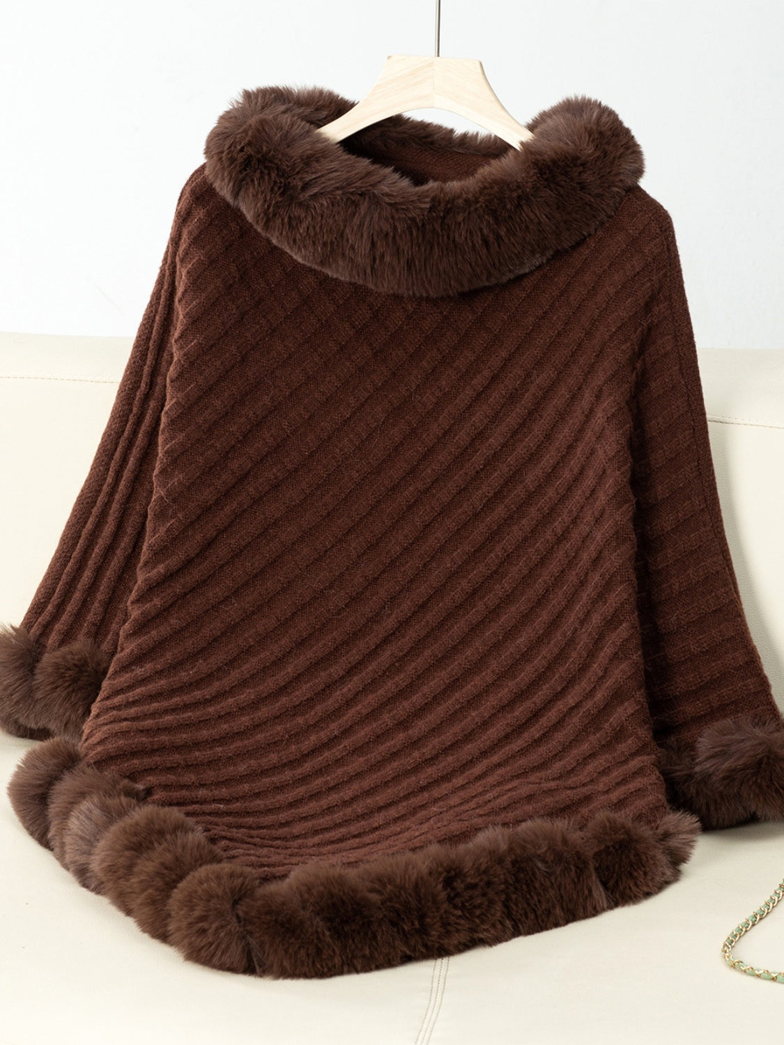 Fuzzy Trim Texture Three-Quarter Sleeve Poncho - 1 SIZE - T - 6 COLORS -