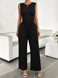 Thumbnail for Round Neck Sleeveless Wide Leg Jumpsuit - T - 4 COLORS -