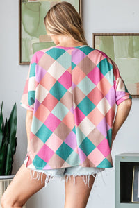 Thumbnail for HOPELY Full Size Multi Colored Argyle Side Slit T-Shirt - T - 1 COLOR -