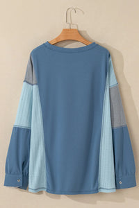 Thumbnail for Patchwork Color Block Round Neck Long Sleeve Top - T - 1 COLOR -