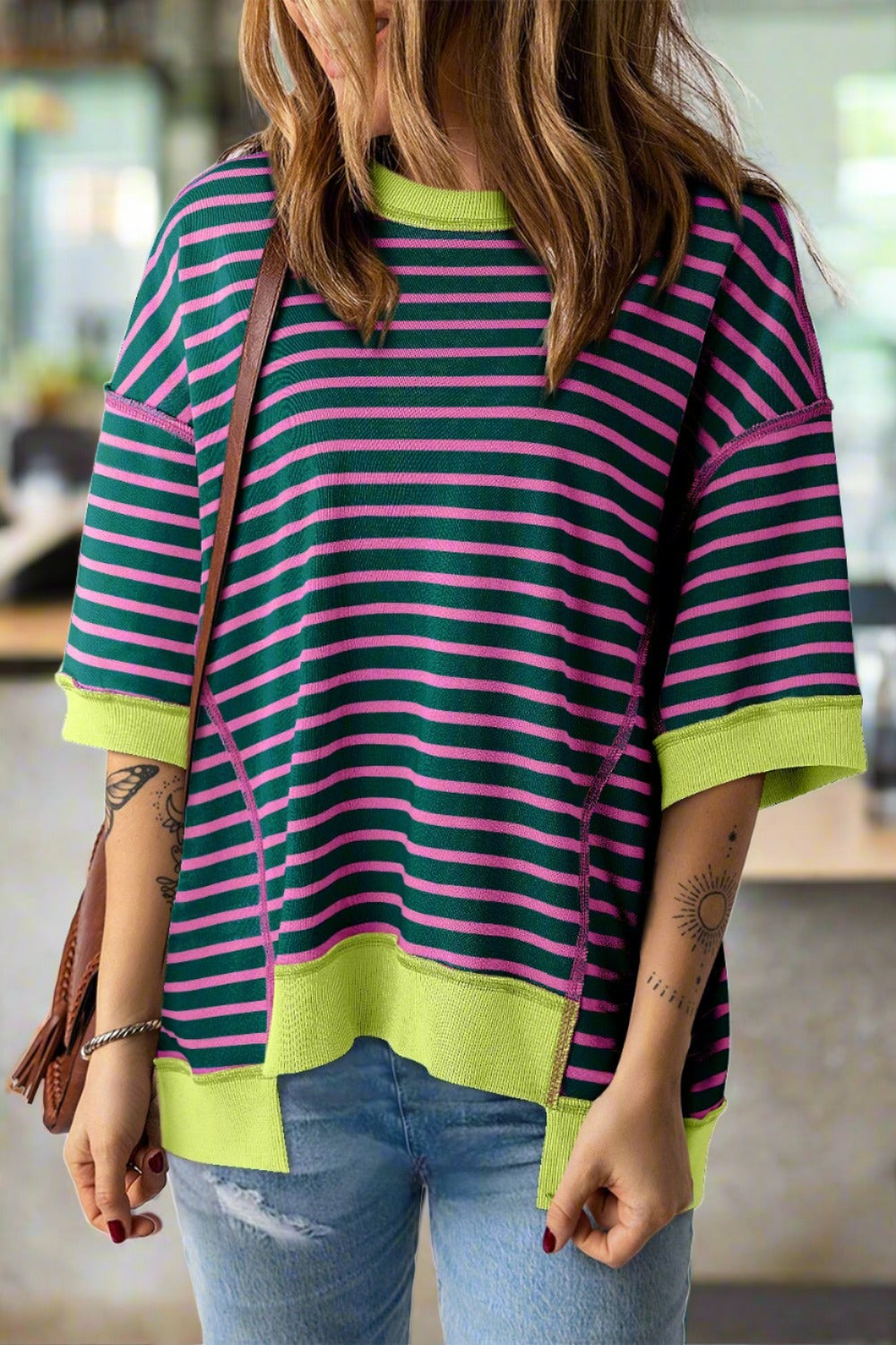 Striped Round Neck Half Sleeve T-Shirt - T - 1 COLOR -