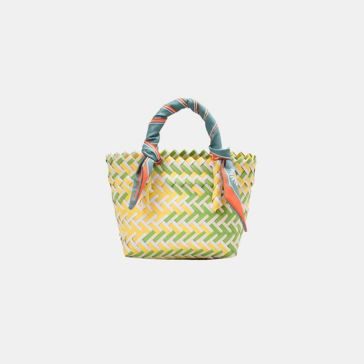 Small Contrast Woven Handbag with Ribbon - T - 4 COLORS -