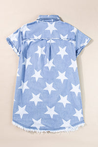 Thumbnail for Raw Hem Star Short Sleeve Denim Dress - T - 1 COLOR -