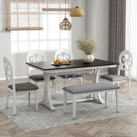 Thumbnail for Mid-Century 6-Piece Trestle Table Set With Victorian Round Upholstered Dining Chairs and Long Bench, Gray+Antique White